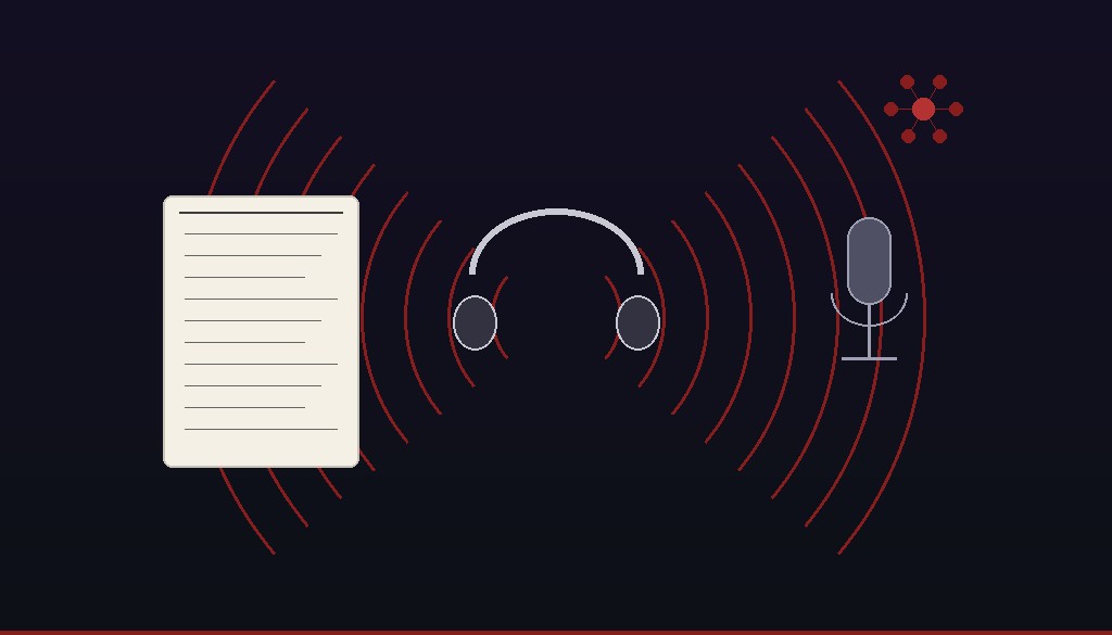 Fones de ouvido com ondas sonoras e livro, representando audiolivros narrados por inteligência artificial