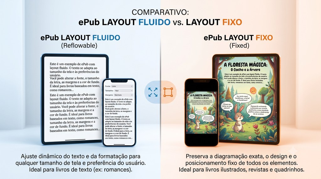Infográfico comparando os dois formatos de ePub. À esquerda, layout fluido (reflowable): um tablet e um celular exibem o mesmo texto reorganizado conforme a tela, com controles de fonte, tamanho e margens; ajuste dinâmico do texto e da formatação para qualquer tamanho de tela e preferência do leitor, ideal para livros de texto, como romances. À direita, layout fixo (fixed): a página ilustrada de um livro infantil aparece igual em telas de tamanhos diferentes, preservando a diagramação, o design e o posicionamento de todos os elementos, ideal para livros ilustrados, revistas e quadrinhos.
