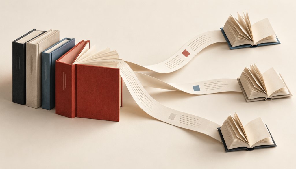 Four hardcover books standing upright, in black, beige, blue and red. From the open red book, three paper ribbons with lines of text and small coloured squares stretch out to three open books on the right