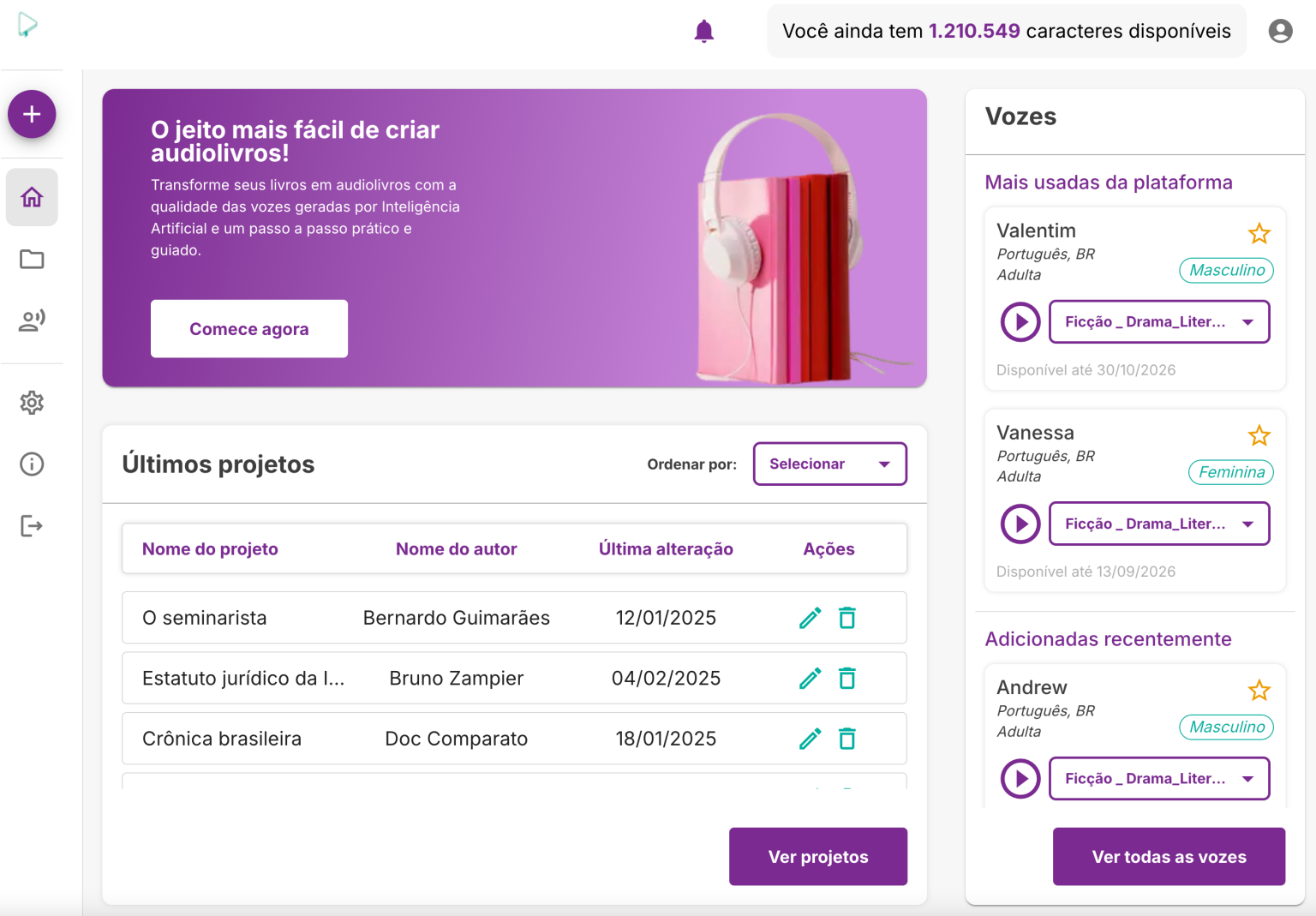 Interface da plataforma Volyo Audiobooks para produção de audiolivros